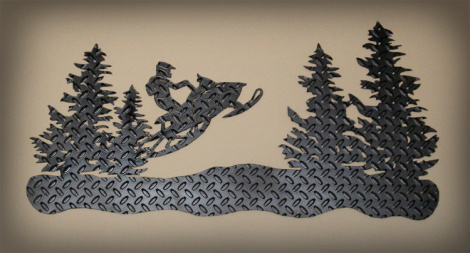 Snowmobile wall art on tread plate painted black